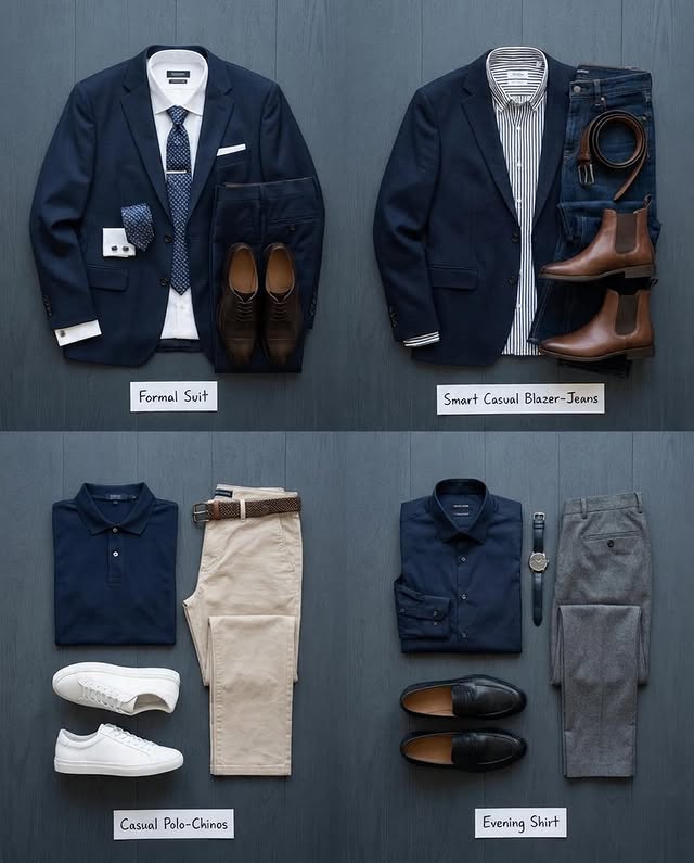 Four uniforms: formal suit, smart casual blazer with jeans, casual polo with chinos, evening shirt with grey trousers