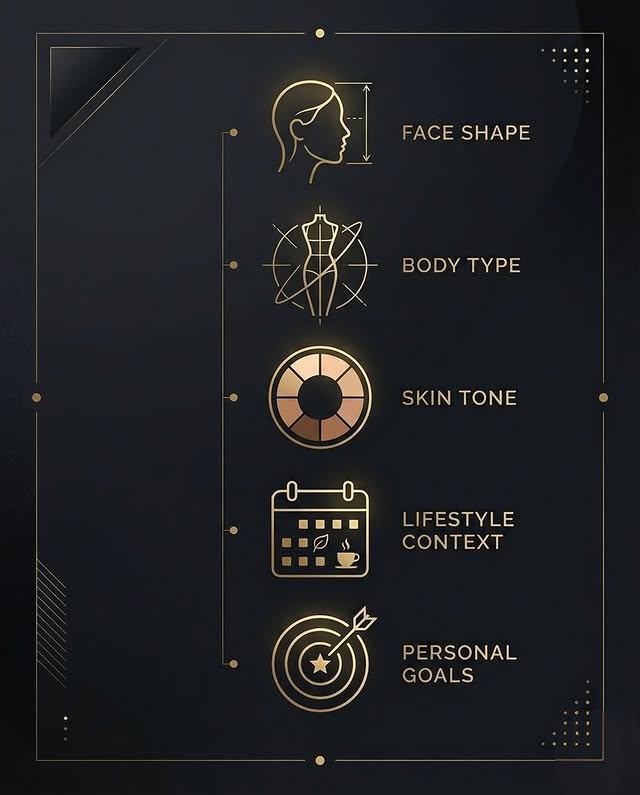 The five inputs behind every Xumbell recommendation: face shape, body type, skin tone, lifestyle context, personal goals